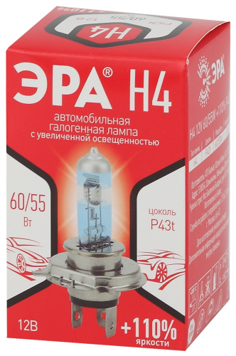 Б0036778 ЭРА Автолампа   H4 12V 55W +110% P43t (лампа головного света) (100/400/4000)